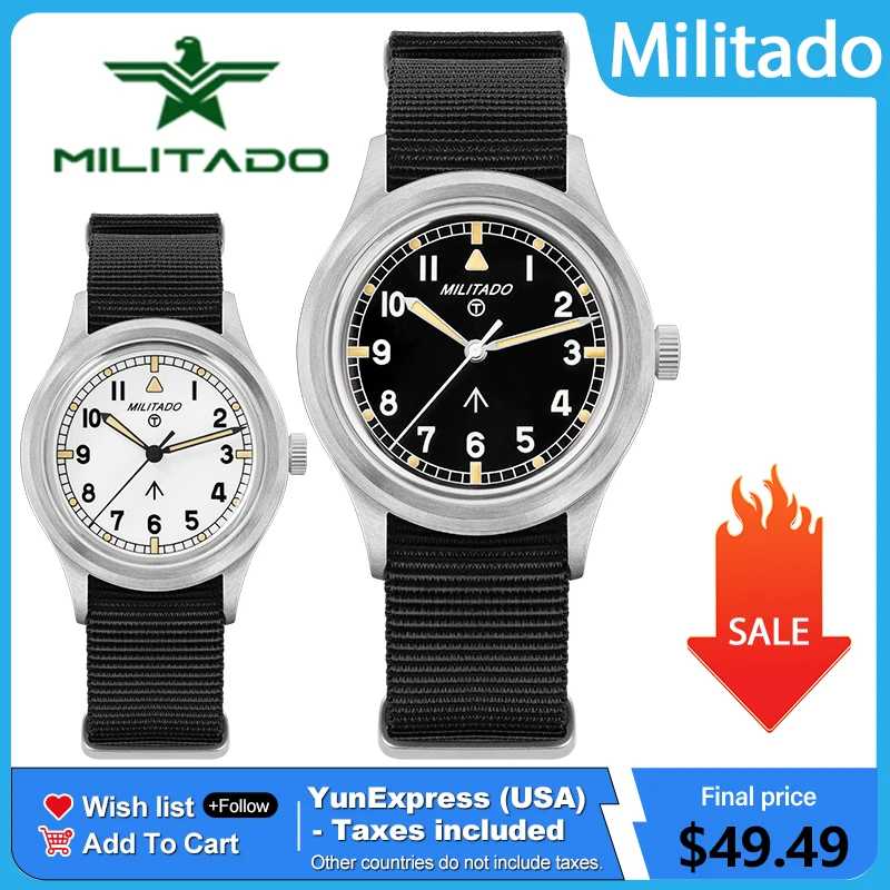 Кварцевые часы Militado ML22 с механизмом Miyota 2035, стеклом K1, светящимся покрытием BGW9 C3, водонепроницаемостью 100 м, 36 мм, винтажные мужские часы Мужские часы