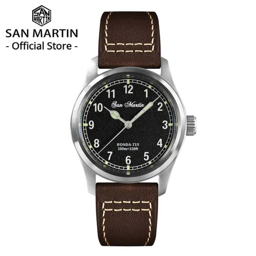 Мужские часы San Martin Pilot, 37 мм, кварцевые часы, военные полевые часы, простой стиль, RONDA 715/6004, наручные часы, 10 бар, светящиеся, SN0034 Мужские часы
