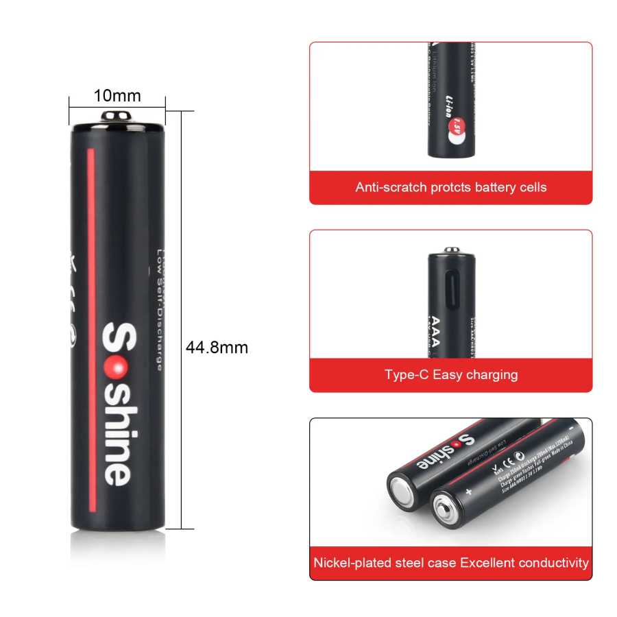 Фотография №2 товара Soshine USB 1100 МВтч литиевые батареи 1,5 В AAA 1100