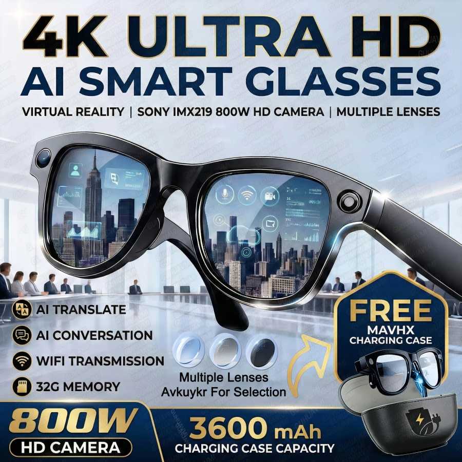 Новые умные очки 2026 года с памятью 32 ГБ, камерой 4K 800W, для фото и видео, с функцией Power Bank 3600 мАч, AI-переводом на 120+ языков, для мужчин и женщин Умная электроника