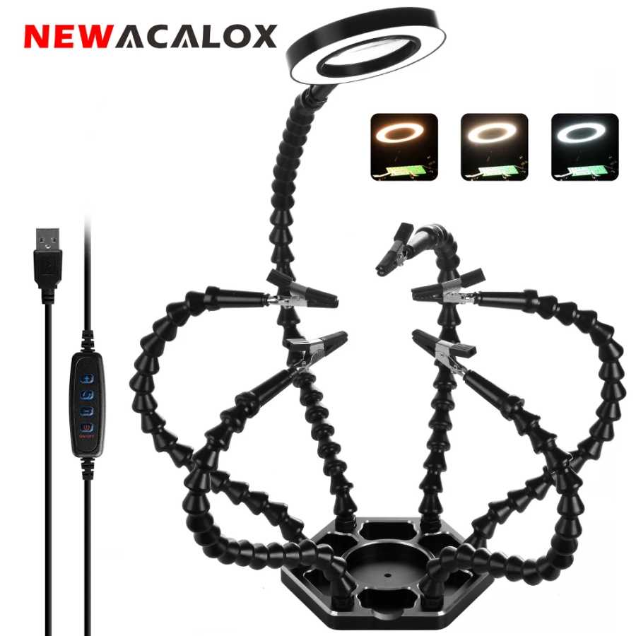 NEWACALOX сварочный ремонтный верстак с 3X USB светодиодной лупой, держатель печатной платы, паяльный инструмент, третья рука помощи, 6 шт., гибкие рычаги Сварочное оборудование и расходные материалы