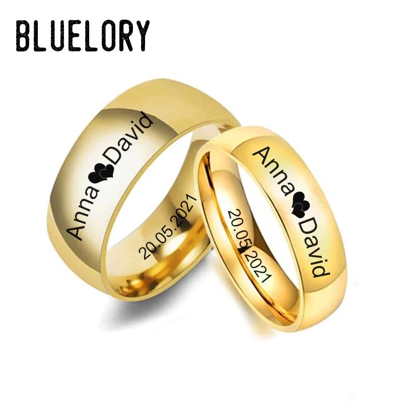 Мужское и женское кольцо Bluelory, обручальное кольцо из нержавеющей стали с гравировкой имени, 8 мм, 6 мм, 4 мм Индивидуальные украшения