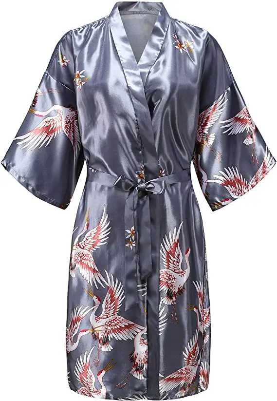 Шелковый атласный свадебный халат для невесты, халат с цветочным принтом, короткое кимоно, ночной халат, банный халат, модный халат для женщин Женская одежда для сна и отдыха