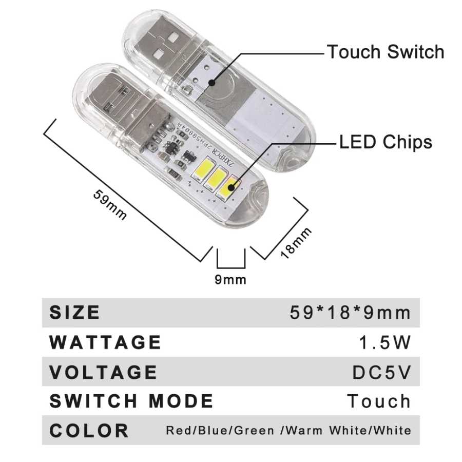 Фотография №1 товара DC5V Сенсорный переключатель USB Мини-светодиодная книжная лампа 3 светодиода 1,5