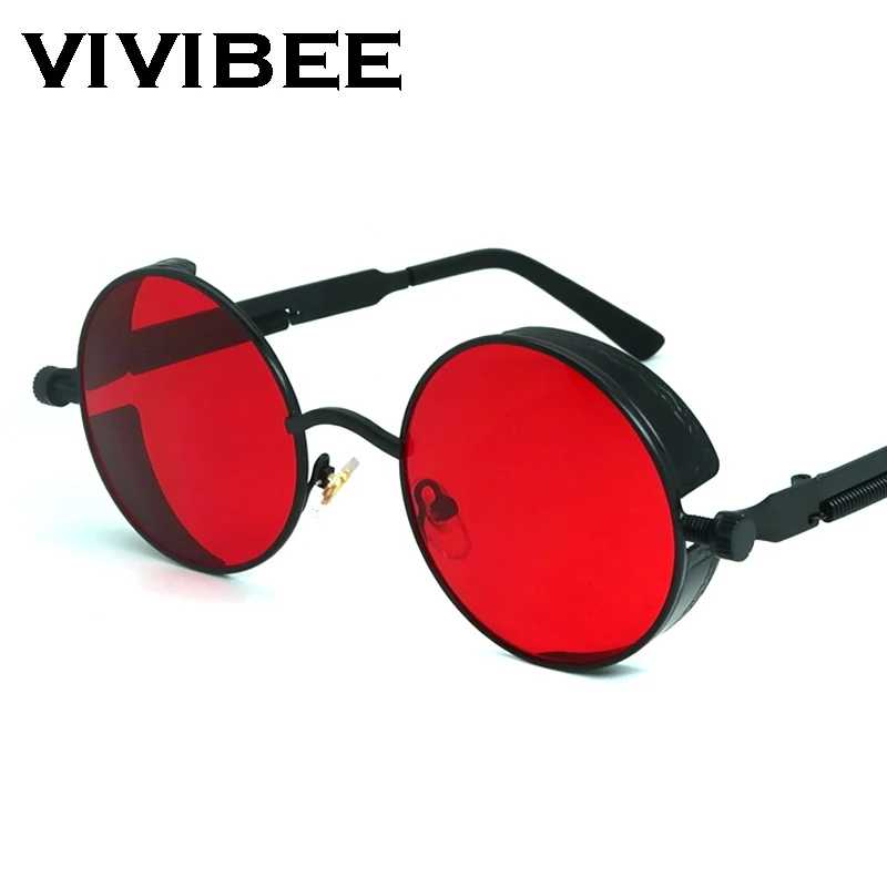 Солнцезащитные очки VIVIBEE в винтажном стиле стимпанк, красные, круглые, металлические, ретро, для мужчин и женщин, 2026, в готическом стиле Очки и аксессуары