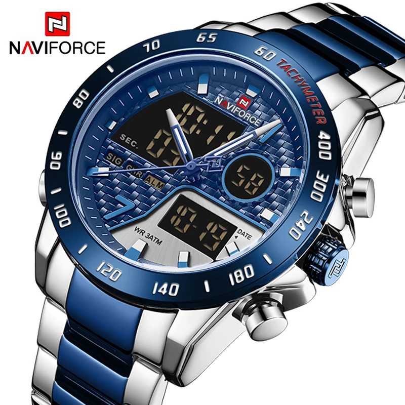 NAVIFORCE цифровые часы для мужчин, роскошные спортивные кварцевые наручные часы из нержавеющей стали, военные водонепроницаемые светящиеся часы, мужские Мужские часы