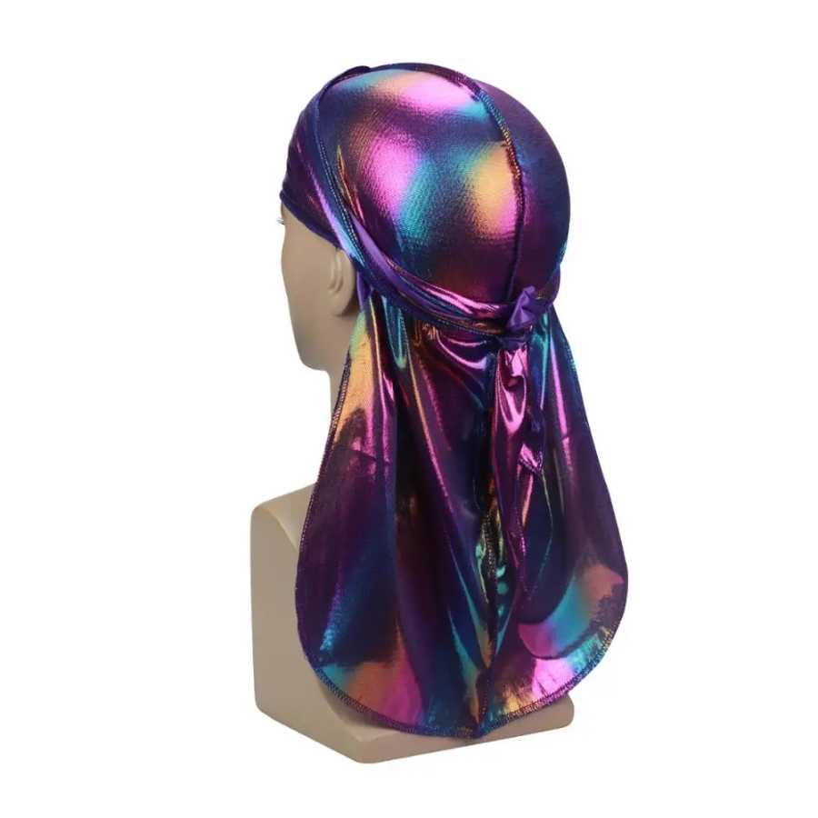 Фотография №2 товара Модные мужские Красочные Durag волна шапки мужские блестящие шелковистые дураки