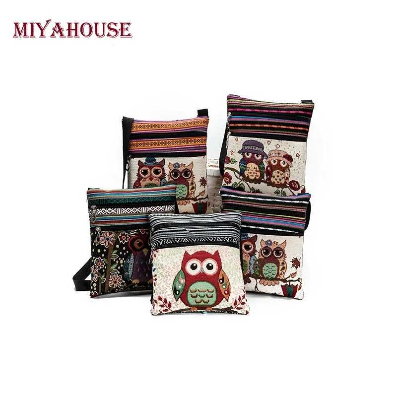 Милая женская сумка Miyahouse через плечо с рисунком совы, Женская холщовая мини-сумка, женская сумка-мессенджер с двойной молнией Женские сумки