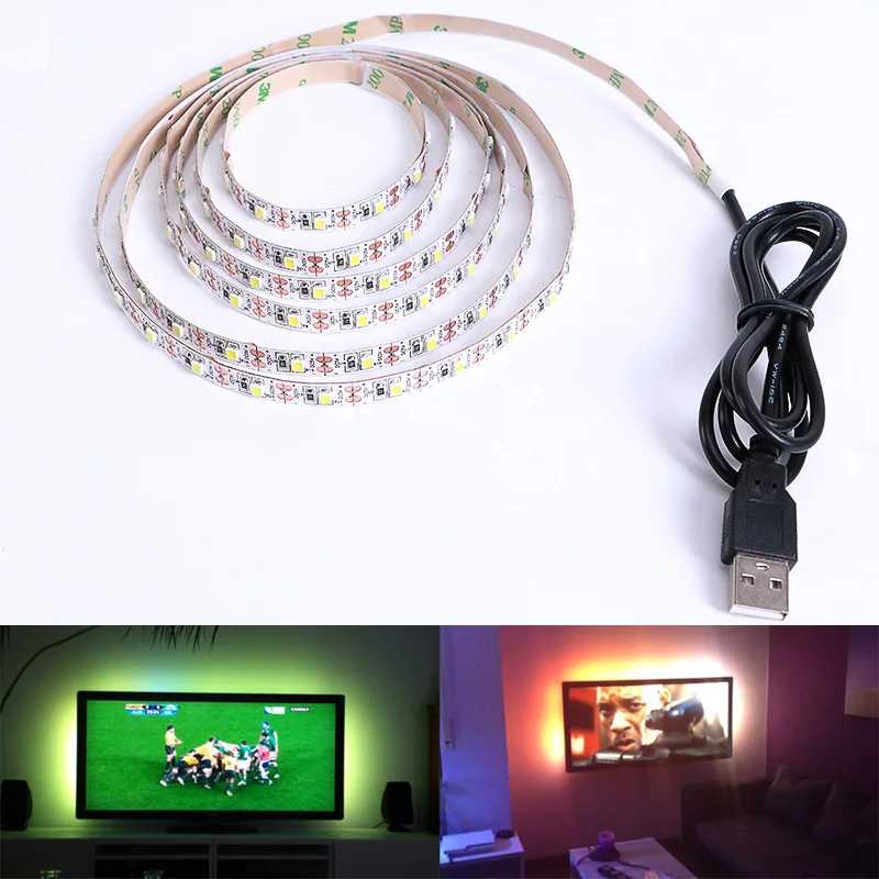 Cветодиодная лента DC 5 V USB SMD 3528 RGB Гибкий свет лампы светодиодные ТВ фонового освещения клейкая лента 50 см 1 м 2 м 3 м 4 м 5 Светодиодная подсветка