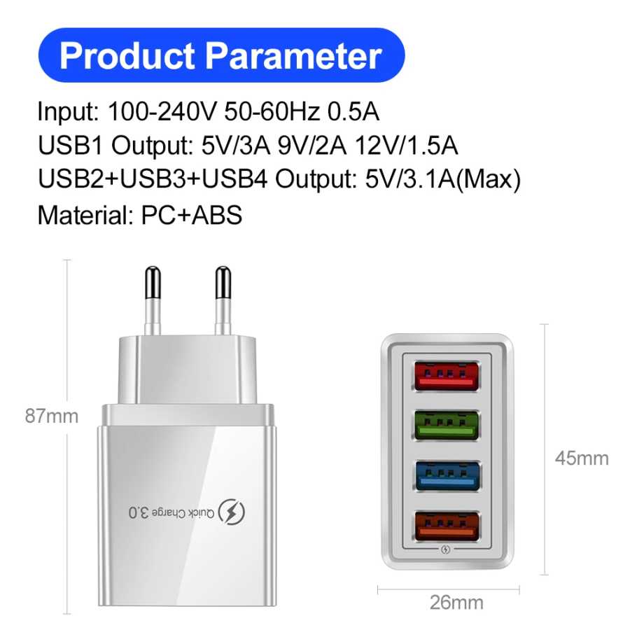 Фотография №1 товара Зарядное устройство USB 3A, 4-портовое USB-зарядное устройство Quick Charge 3.0,