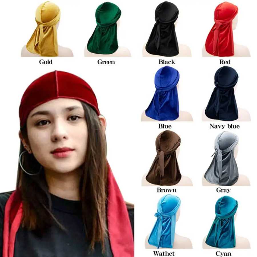 Унисекс Для женщин мужсой бархатный Durag длинный хвост чалма-Бандана эластичный дураки волна Кепки s мужские ДУ тряпка тюрбан Кепки хип-хоп пиратская шляпа Головные уборы