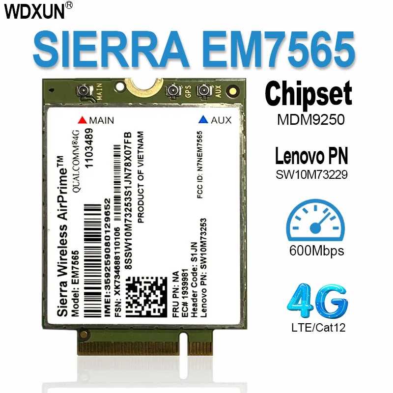 Модуль Sierra Wireless EM7565 LTE-Advanced Pro Cat-12 для глобальной связи с поддержкой 3G Fallback для ноутбука Thinkpad Carbon X1 6-го поколения Сетевое оборудование