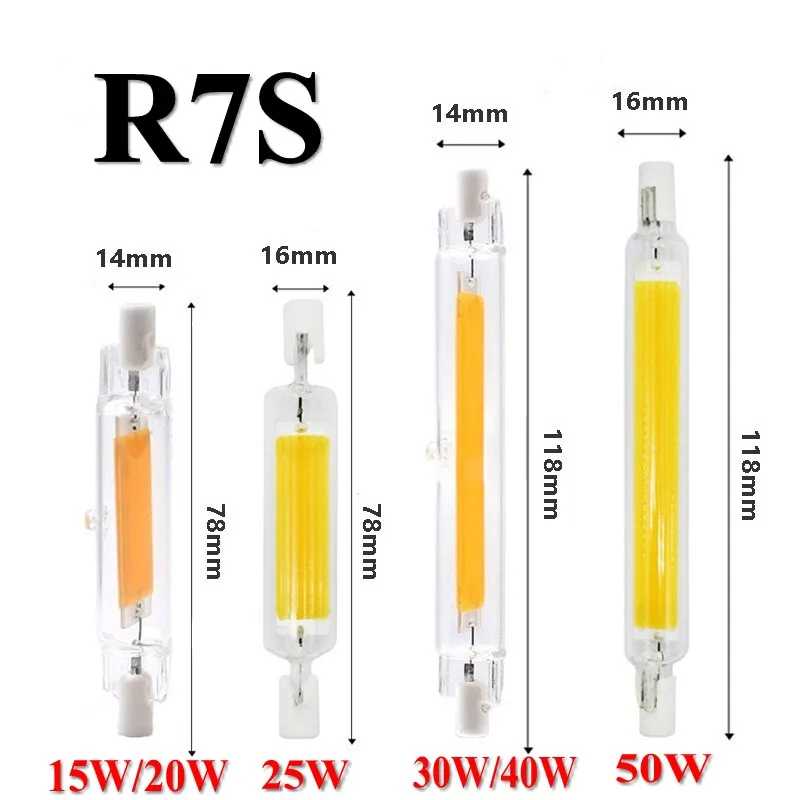 R7S Светодиодная стеклянная трубка 78MM 15W 20W COB Лампа 118MM 30W 40W R7S Кукурузная лампа J78 J118 AC220V 110V Замена галогенной лампы 50W Lampadas Лампочки и световые трубки