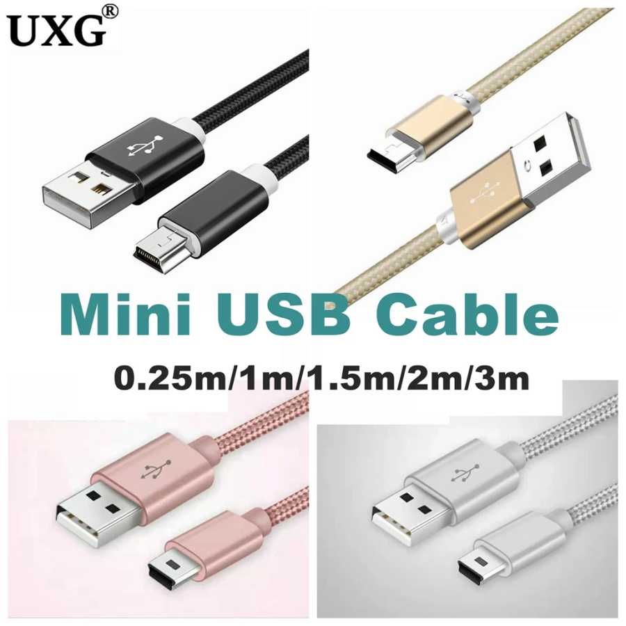 Красочный плетеный мини-USB 5-контактный кабель для синхронизации данных, зарядный кабель, адаптер USB 2,0, Т-порт, линия для MP3, MP4, автомобильный видеорегистратор, камера 0,25 м/1 м/2 м/3 м Аксессуары и запчасти
