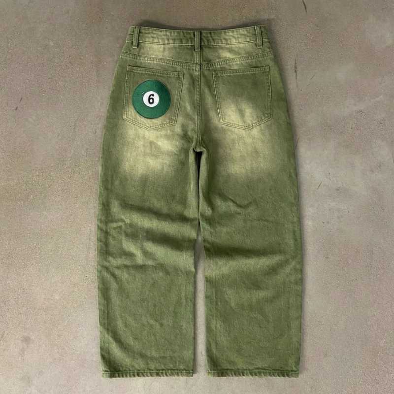 Джинсы Y2K Street Matcha Denim с карманами, зеленые, с вышивкой 6 шариков, в стиле лондонского стритстайла, унисекс, свободного кроя Деним (новый)
