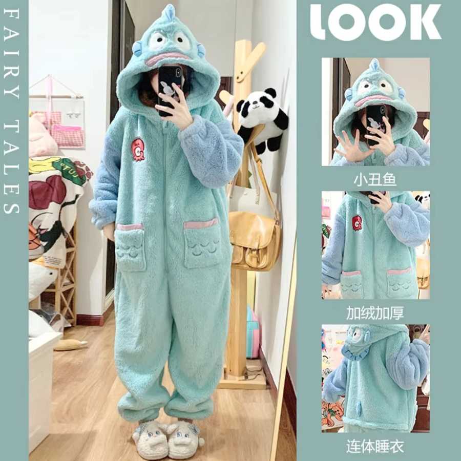 Kawaii Hangyodon плюшевые сиамские пижамы комбинезон с капюшоном пижамы Sanrioed аниме мультфильм коралловый бархат домашняя одежда утолщенная ночная рубашка Парки