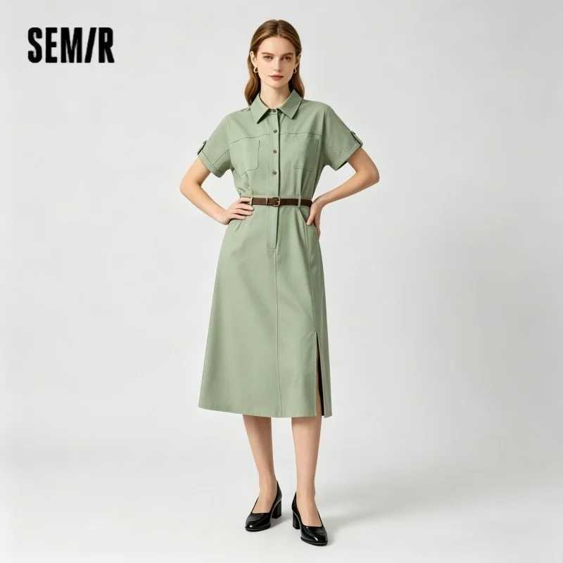 Женская рубашка Semir с воротником, хлопковая, с разрезом, миди, с поясом, приталенная, винтажная, городская, для работы, летняя мода 2026, офисный топ Платья