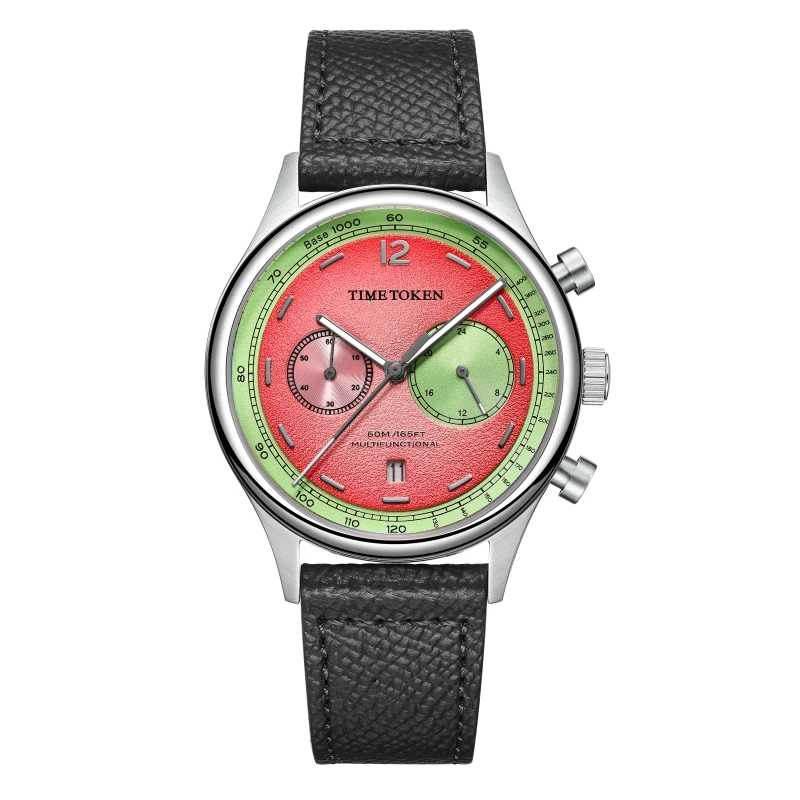 Мужские часы TIMETOKEN New T501GS с японским механизмом Miyota OS21, циферблатом цвета арбуза, водонепроницаемые, с хронографом, куполообразным сапфировым стеклом и календарем. Мужские часы