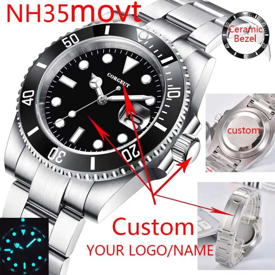 DIY индивидуальный логотип 40 мм сапфир 8215 автоматические NH35 механические мужские наручные часы стерильный циферблат керамический 10 бар светящиеся спортивные мужские часы Часы по индивидуальному заказу