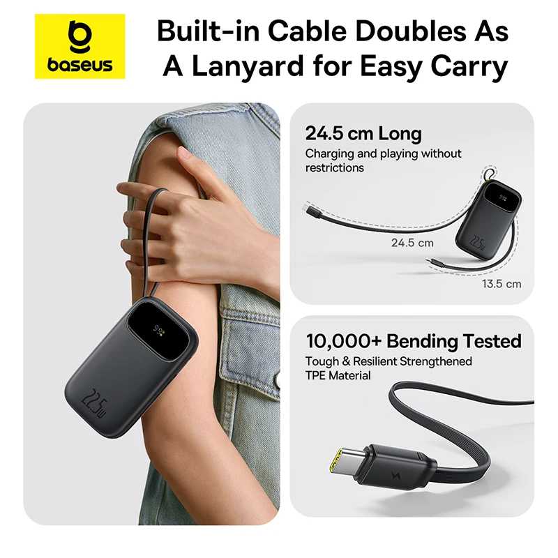 Фотография №3 товара Baseus 10000/20000mAh 22.5W Power Bank со встроенным выдвижным кабелем USB-C/Lightning