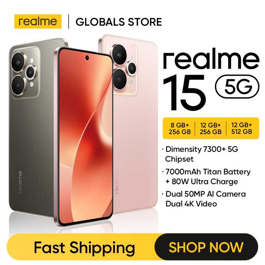 Смартфон realme 15 5G с чипсетом Dimensity 7300+ 5G, двойной 50-мегапиксельной AI-камерой, 6,77-дюймовым AMOLED-дисплеем с частотой 144 Гц и NFC Мобильные телефоны
