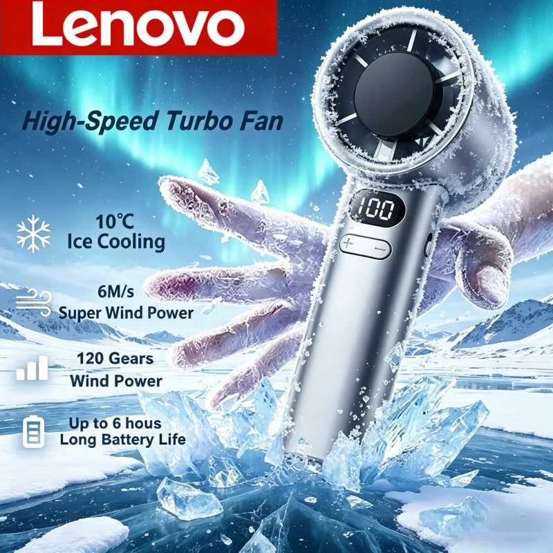 Портативный мини-вентилятор Lenovo 3000 мАч с функцией ледяного компресса, высокоскоростным охлаждением, USB-зарядкой и LED-дисплеем Техника для дома