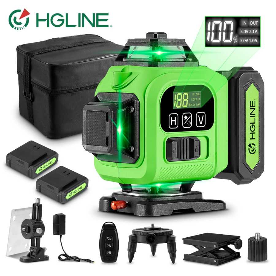 Лазерный уровень HGLINE 16 линий 4D, профессиональный строительный лазерный инструмент 360&deg; &deg; Горизонтальный и вертикальный выравнивающий станок с 2 аккумуляторами Инструменты для измерения и анализа