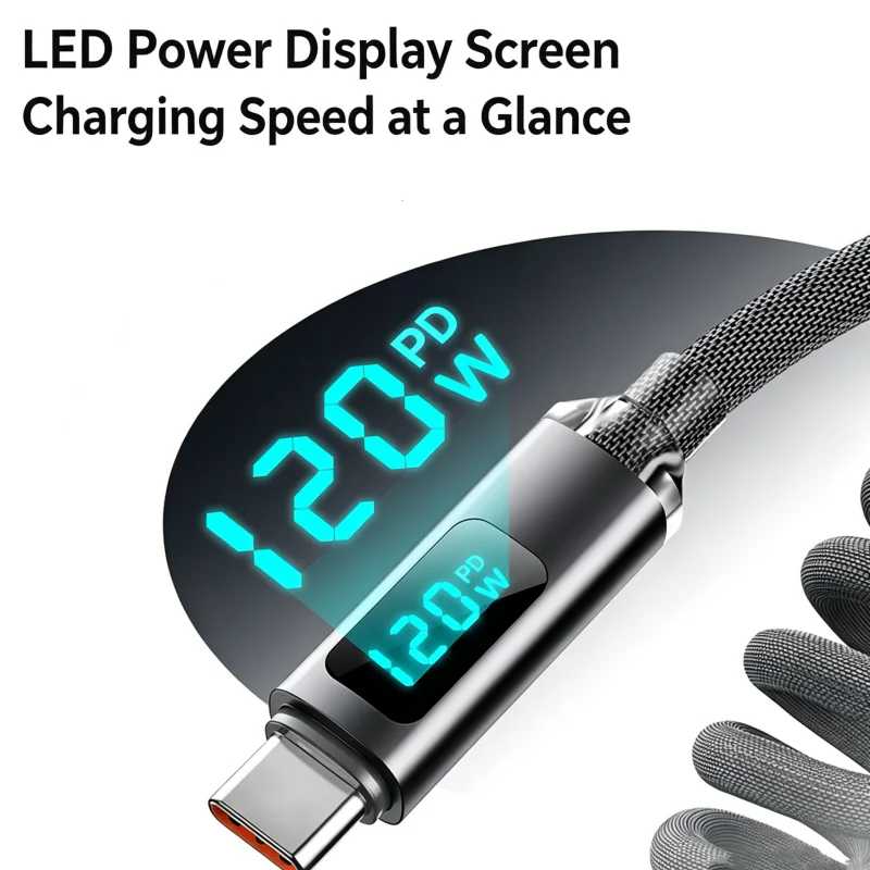 2-метровый спиральный кабель USB A - Type C, 120W PD, быстрая зарядка, LED-индикатор, нейлоновая оплетка, выдвижной пружинный зарядный шнур для Xiaomi Аксессуары и запчасти