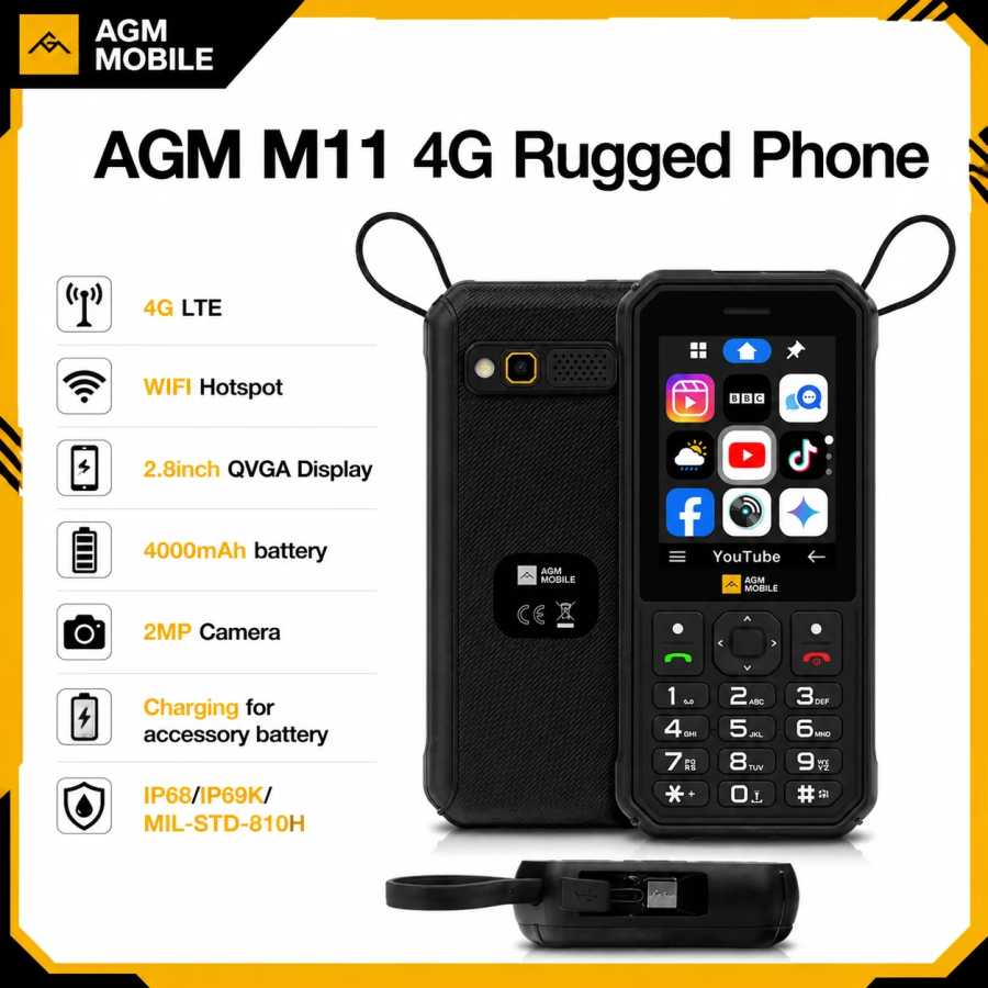 Прочный телефон AGM M11 4G, IP68, водонепроницаемый, 4000 мАч, съемная батарея, точка доступа Wi-Fi, обратная зарядка, FM-радио для улицы Мобильные телефоны