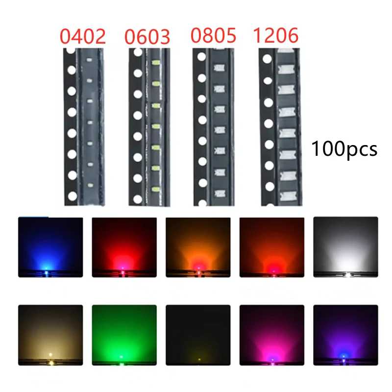 100 шт. SMD 0402 0603 0805 1206 Красный Синий Белый Зеленый Оранжевый Розовый Высокое качество Прозрачный светоизлучающий светодиодный чип Диод для поверхностного монтажа Активные компоненты