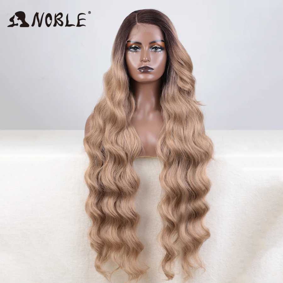 Благородный синтетический парик спереди, длинный волнистый 36 дюймов, волнистый парик с боковой частью, парик шнурка для женщин, парик спереди, Ombre Blonde, парик для косплея Синтетические волосы