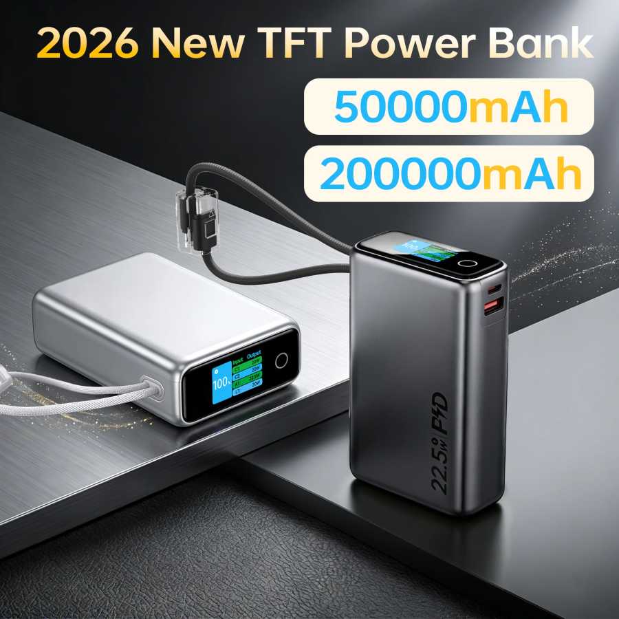 Новый внешний аккумулятор 2026 года с TFT-дисплеем, 50000 мАч, большая емкость, быстрая зарядка, портативное зарядное устройство со встроенными кабелями для iPhone и Samsung Аксессуары для мобильных телефонов