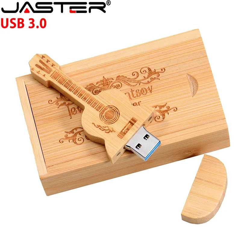 Флэш-накопители JASTER деревянные гитарные USB 3,0, 128 ГБ, флэш-накопитель с бесплатным логотипом на заказ, 64 ГБ с коробкой, карта памяти, музыкальный креативный подарок, U-диск Хранение данных