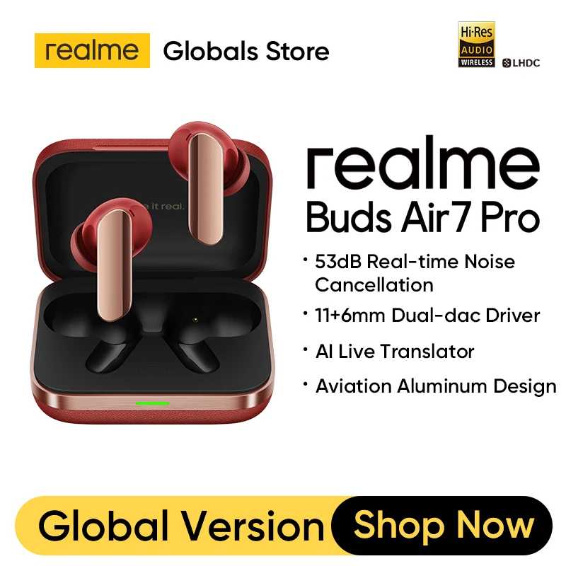 Наушники Realme Buds Air7 Pro TWS, русская версия, 53 дБ, 6 микрон, шумоподавление, AI, прямой переводчик, 11 + 6 мм, драйвер Dual-dac IP55 Портативное аудио и видео