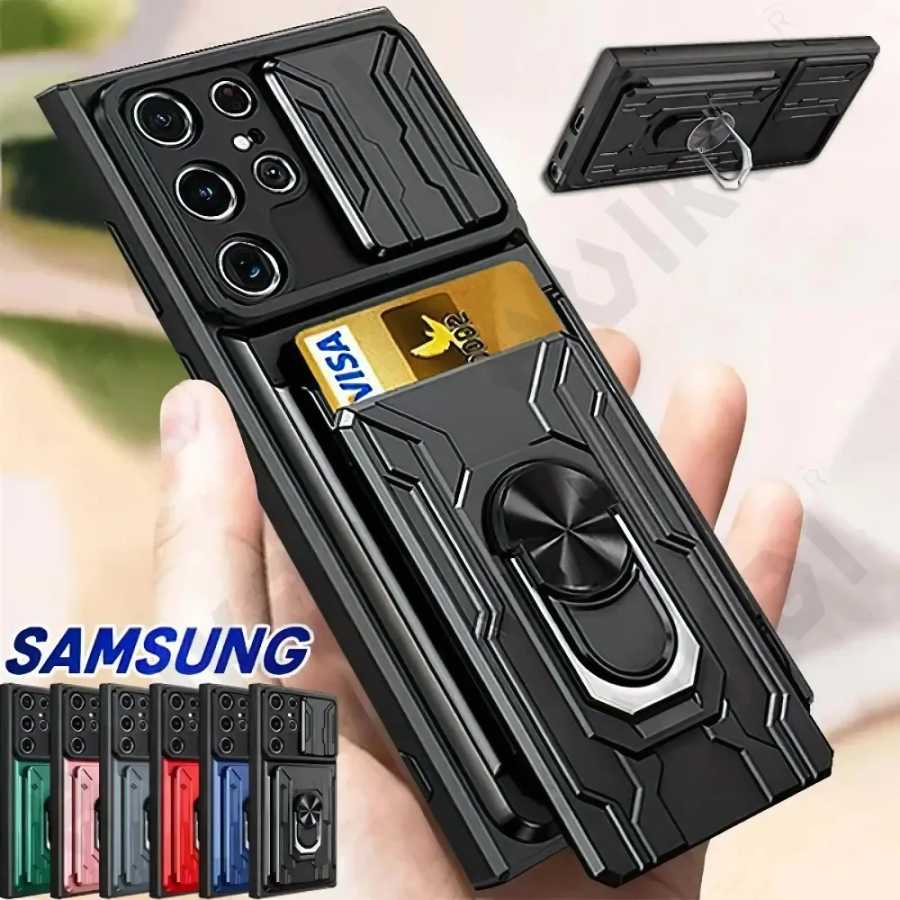 Чехол для Samsung Galaxy S26 S25 S24 Ultra Plus A57 A37 A56 A36 4G 5G 2026 FE с выдвижной защитой камеры и держателем для карт, 360&deg; &deg; Защитный чехол для кольца Чехлы и чехлы для мобильных телефонов