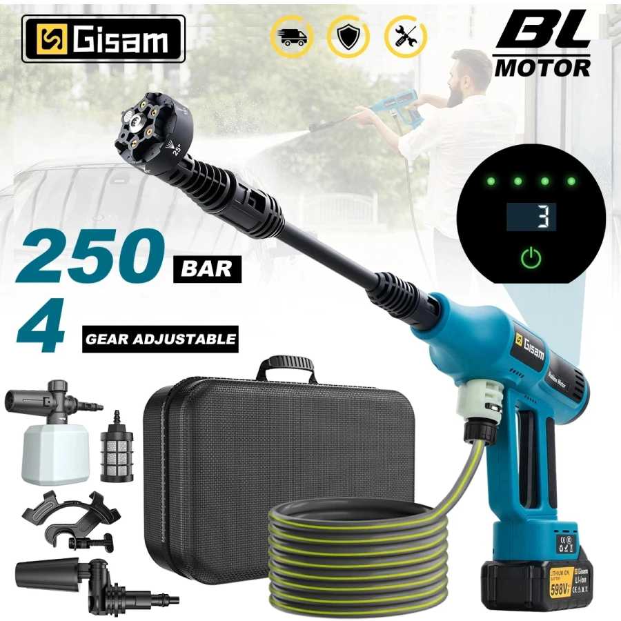 Бесщеточный электрический пистолет для мойки высокого давления Gisam 250 бар, 4 режима мощности, для дома и автомобиля, распылитель воды, совместим с аккумулятором Makita 18В Электрические инструменты