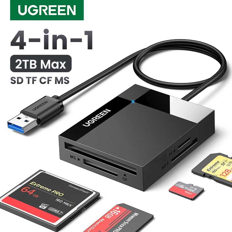 UGREEN кардридер 4-в-1 USB3.0/USB-C SD Micro SD TF CF MS Compact Flash Card адаптер для ноутбука ПК Мульти OTG Смарт-кард-ридер Хранение данных