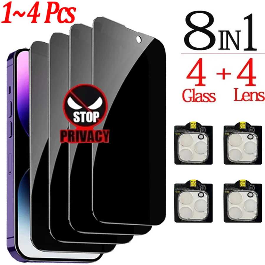 1~4PCS Антишпионское стекло для iPhone 17 16 15 14 13 Pro Max защитные пленки для экрана конфиденциальности и защитная пленка для камеры для iPhone 15 12 11 Pro Anti-Spy Glass айфон 15 про макс Защитная пленка для мобильного телефона