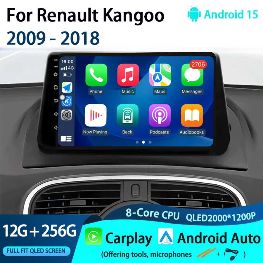 Автомобильный радиоприемник Carplay для Renault Kangoo 2009-2018 навигация GPS мультимедийный плеер Android авто стерео без 2din Android 15 Автоэлектроника