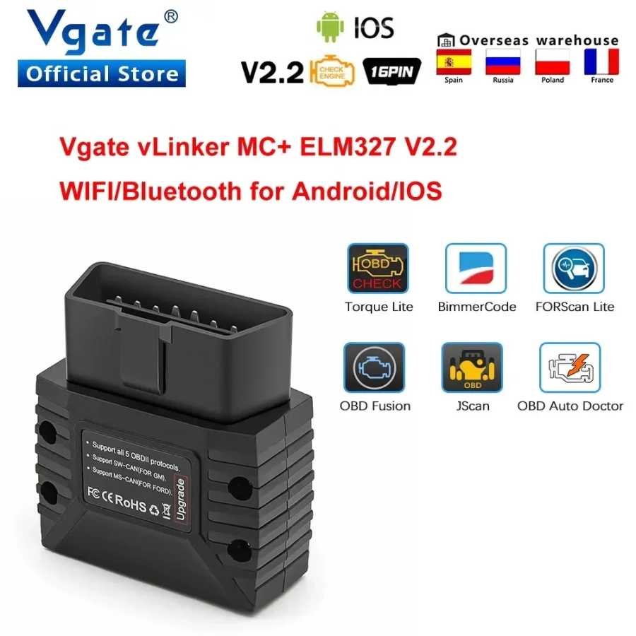 Автосканер Vgate VLinker MC+ ELM327 V2.2 Bluetooth 4.0 Wi-Fi OBD2, диагностический инструмент для автомобилей, OBD 2 сканер, аналог ELM 327 V1.5 Инструмент для ремонта автомобилей