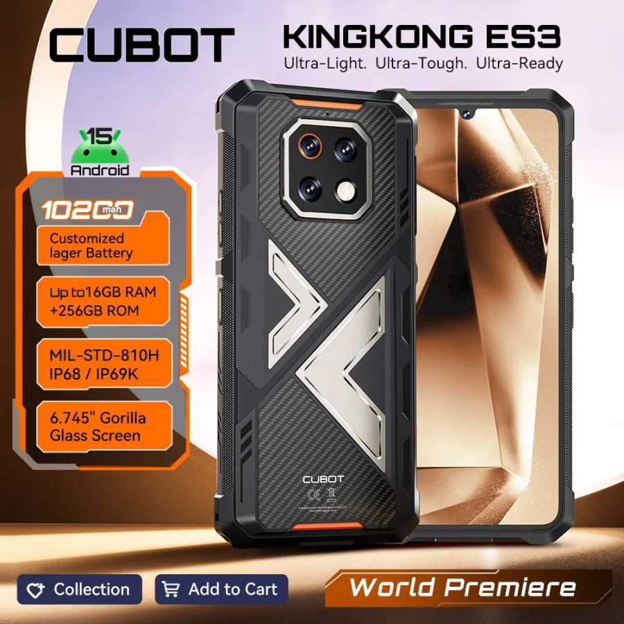 Тонкий защищенный смартфон Cubot KingKong ES 3 на Android 15, Батарея 10200 мА&middot;ч, 16ГБ ОЗУ(6+10 расширение),256ГБ ПЗУ, экран 6,745 дюйма с частотой обновления 120Гц,NFC Камера 48МП, IP68/IP69K и MIL-STD-810H,4G телефон Мобильные телефоны