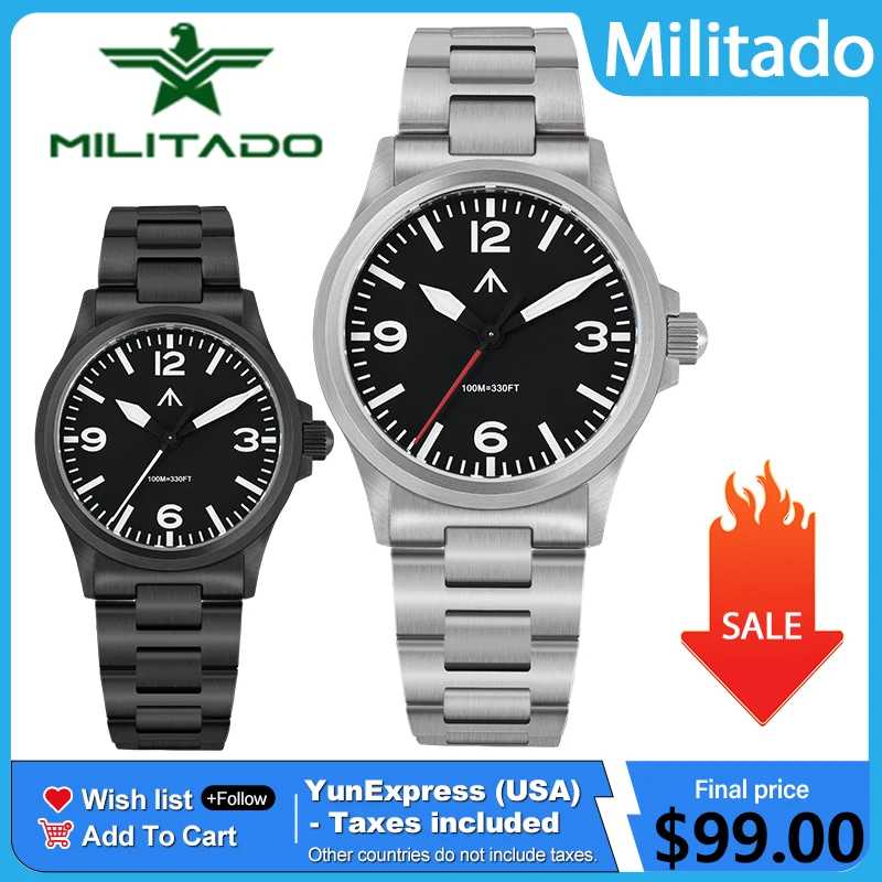 Мужские кварцевые часы MILITADO ML18 36 мм с механизмом VH31, секундным ходом, из нержавеющей стали, с сапфировым стеклом, водонепроницаемые до 100 м, наручные часы. Мужские часы