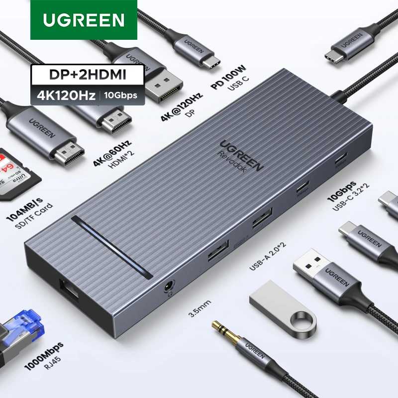 UGREEN 12-в-1 USB-концентратор Type-C к 2HDMI 4K120 Гц DP USB3.2 10 Гбит/с SD/TF RJ45 PD100W для MacBook Dell HP Аксессуары для ноутбуков Док-станция Компьютерная периферия