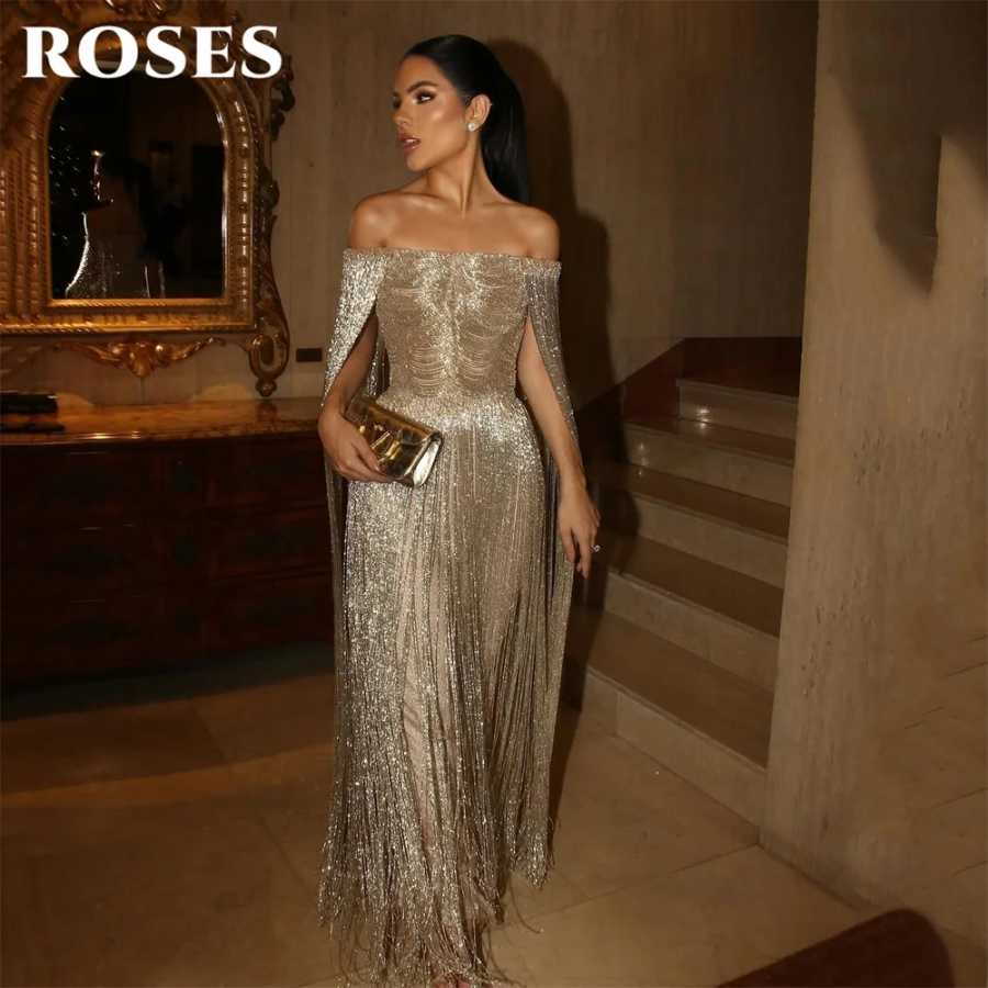 Роскошное вечернее платье ROSES Gold с открытыми плечами, бахромой, рукавами-накидкой, блестящее, фасон &laquo;русалка&raquo;, для выпускного вечера, на заказ Платья для особых случаев