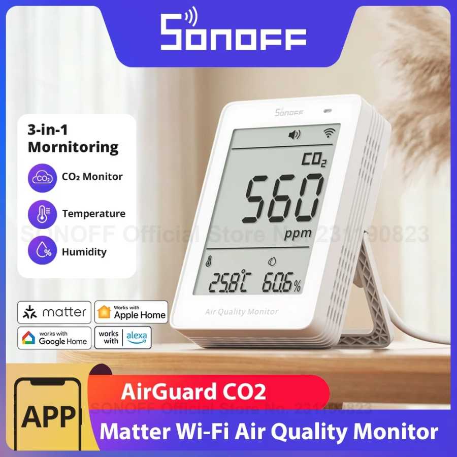 SONOFF AirGuard CO2 Matter через Wi-Fi Монитор качества воздуха SAWF-08P Измеритель температуры и влажности Звуковая и световая сигнализация Исторические данные 