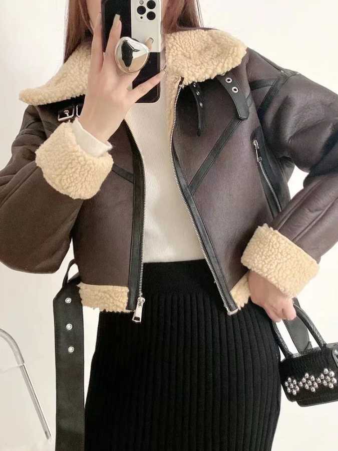 Фотография №2 товара Ailegogo Зимняя женская уличная короткая куртка из искусственной овечьей кожи