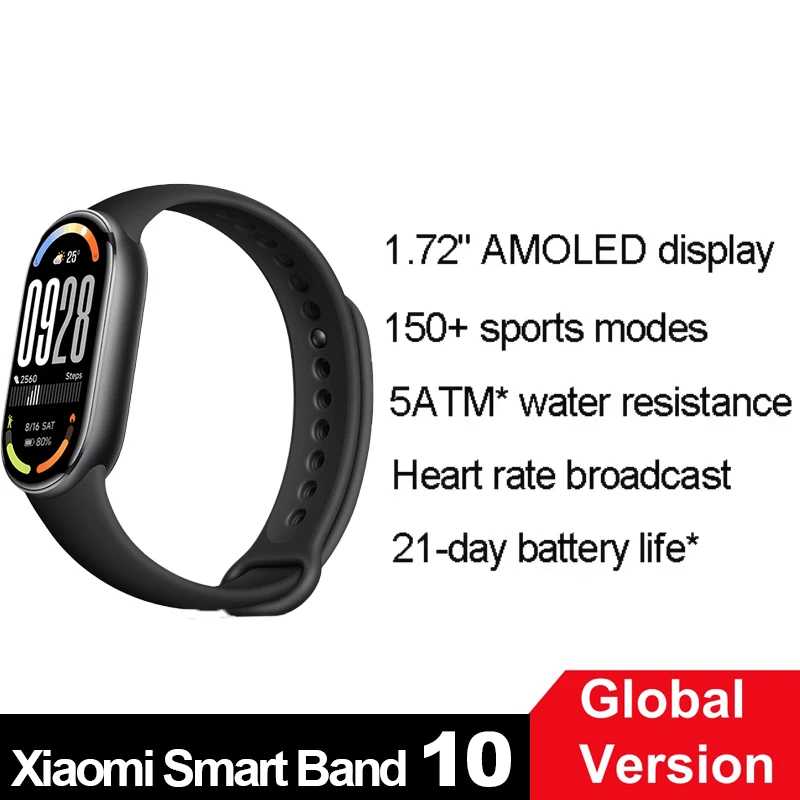 Глобальная версия Xiaomi Smart Band 10, 1,72-дюймовый AMOLED-дисплей, 21 день, аккумулятор, 150+ спортивных режимов, передача сердечного ритма, умные часы, 5 атм Умная электроника
