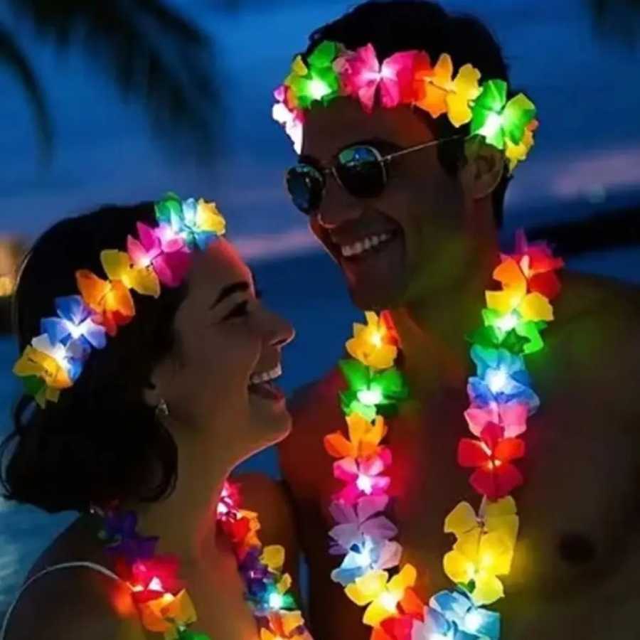 Светящееся в темноте LED-колье с искусственными цветами, тропический дизайн, цветочный венок, радужный леи-венок, светящееся ожерелье для карнавальных вечеринок Новинка освещения（новинка）