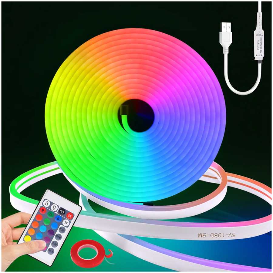 5V RGB Led Neon Strip Rope Light 24key Пульт дистанционного управления USB-комплект с клейкой гибкой лентой 1 м 2 м 5 м 3535 108 светодиодов/м Украшение дома Светодиодная подсветка