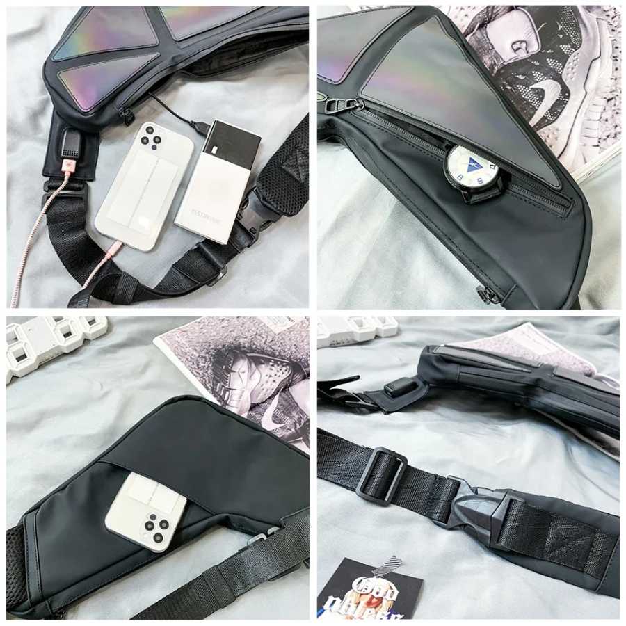 Фотография №3 товара Крутая Светоотражающая Мужская нагрудная сумка с USB, трендовая дизайнерская голографическая